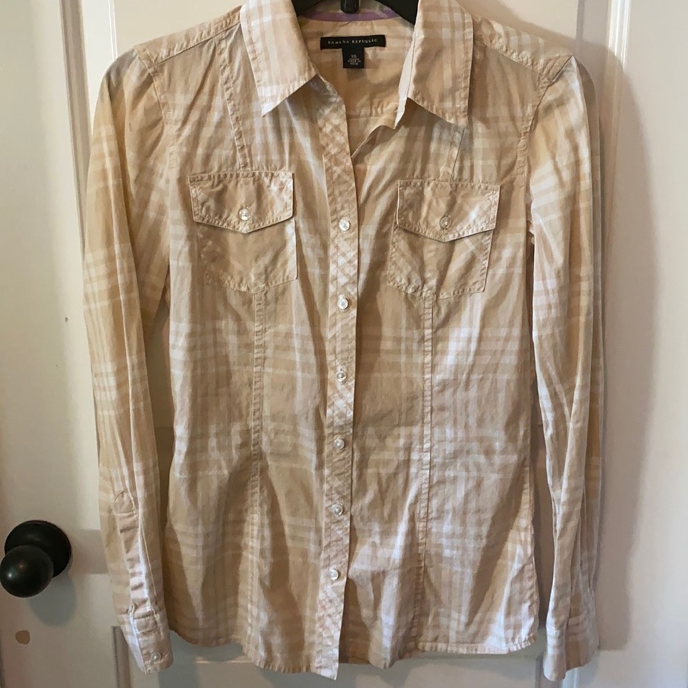 Banana Republic Cream & White Plaid Button-up
